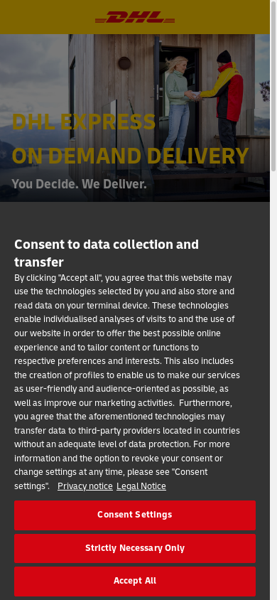 the mobile screenshot of delivery.dhl.com
