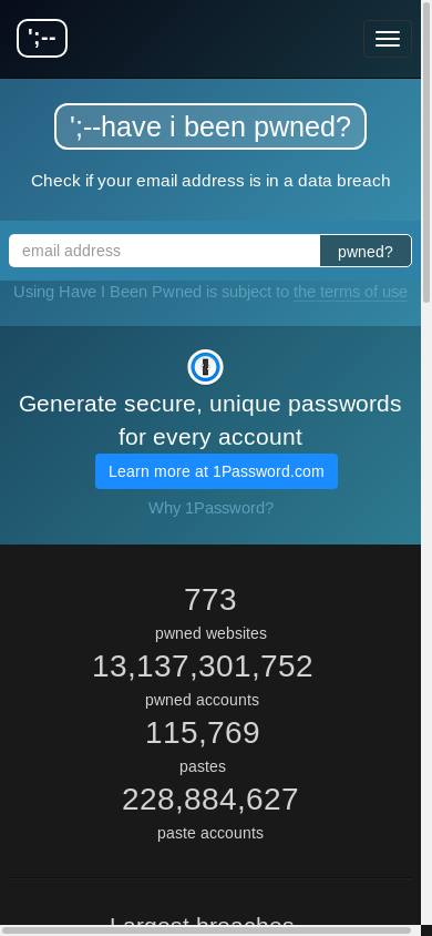 the mobile screenshot of haveibeenpwned.com