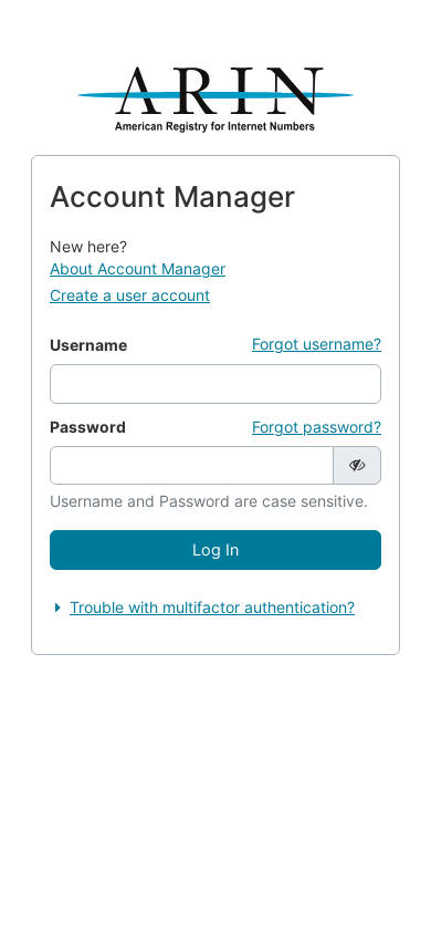 the mobile screenshot of account.arin.net